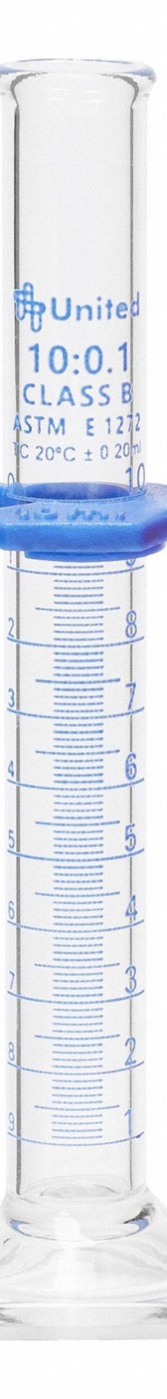 UNITED SCIENTIFIC SUPPLIES INC Graduated Cylinder: 10 mL, A, To Contain (TC), Bumper Included (MPN UNCYLNGB-10). Key specifications — ASTM Specification: E1272; Brand: UNITED SCIENTIFIC SUPPLIES INC; USP Specification: Type I; Closure Included: No; Includes: Bumper.