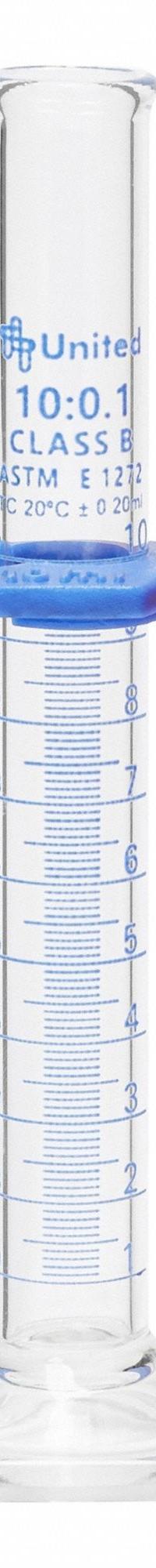 UNITED SCIENTIFIC SUPPLIES INC Graduated Cylinder: 10 mL, A, To Contain (TC), Bumper Included (MPN UNCYLNGB-10). Key specifications — ASTM Specification: E1272; Brand: UNITED SCIENTIFIC SUPPLIES INC; USP Specification: Type I; Closure Included: No; Includes: Bumper.