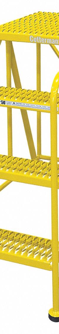 COTTERMAN Work Platform: 3.3 ft Platform Ht - Max, 36 in x 48 in, Steel, 800 lb Load Capacity (MPN 4WP3648A3B8AC2P6). Key specifications — Folding: Not Foldable; Mobility: Rolling; Components Included: Rubber Foot Pads; Use Location: Indoor; Brand: COTTERMAN; Color: Yellow; Height Adjustability: Fixed Height; Includes Handrails: Handrails Not Included.