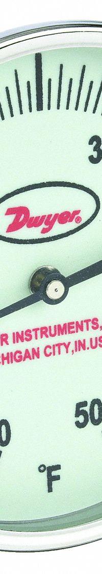 DWYER Glow-in-the-Dark Dial Thermometer: 0°F to 500°F, +/- 1% Accuracy, 5 in Dial Dia, Male (MPN GBTB590161). Key specifications — Accuracy: +/- 1%; Brand: DWYER.