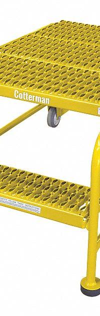 COTTERMAN Work Platform: 1.7 ft Platform Ht - Max, 36 in x 36 in, Steel, 800 lb Load Capacity (MPN 2WP3636A3B8AC2P6). Key specifications — Folding: Not Foldable; Mobility: Rolling; Components Included: Rubber Foot Pads; Use Location: Indoor; Brand: COTTERMAN; Color: Yellow; Height Adjustability: Fixed Height; Includes Handrails: Handrails Not Included.