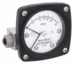 MIDWEST INSTRUMENT Differential Pressure Gauge: Back, 1/4 in NPT Female, ±3-2-3% Gauge Accuracy, 120 (MPN 120-AA-00-OO-30P). Key specifications — Sensor Type: Piston; Series: 120; Housing Material: Aluminum; Certificate of Calibration: Not Included; Gauge Accuracy: ±3-2-3%.