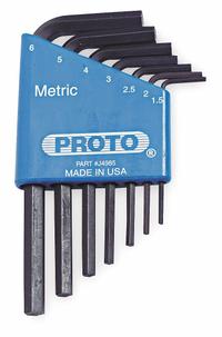 PROTO Hex Key Set: 6 - 10 Pieces, L, Metric, Std End, Short, 7 Pieces, Holder, Black Oxide, 2 Tips (MPN J4985). Key specifications — attr1205553: Not Tether Capable; attr1205554: PROTO; attr1205568: Black Oxide; attr1293176: 6 - 10 Pieces.