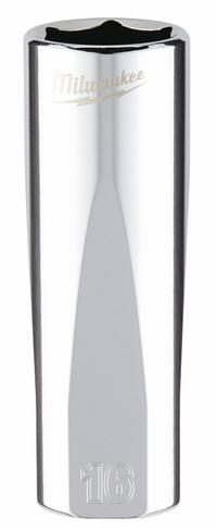 MILWAUKEE Deep Well Socket: Metric, 3/8 in Drive Size, 16 mm Socket Size, 6-Point, Deep, Chrome (MPN 45-34-9095). Key specifications — attr1204417: MILWAUKEE; attr1204392: Chrome.