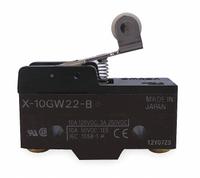 OMRON Snap Action Switch: Hinge Roller Lever Actuator, 1NO/1NC, Screw (MPN X-10GW22-B). Key specifications — AC Contact Rating: 2 A @250 V; Electrical Connection: Screw; Series: X; Brand: OMRON.