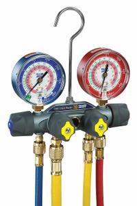 YELLOW JACKET Manifold Gauge: 4 Valves, 4 Hoses, Series Titan, 3 1/8 in Gauge (MPN 49967). Key specifications — Hose Connection Type: 45° SAE; Product Type: Manifold Gauge Set; For Refrigerant Type: R-404A; Brand: YELLOW JACKET; Gauge Boots: No; Sight Glass: Yes.