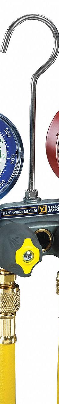YELLOW JACKET Manifold Gauge: 4 Valves, 4 Hoses, Series Titan, 3 1/8 in Gauge (MPN 49967). Key specifications — Hose Connection Type: 45° SAE; Product Type: Manifold Gauge Set; For Refrigerant Type: R-404A; Brand: YELLOW JACKET; Gauge Boots: No; Sight Glass: Yes.
