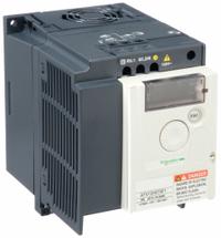 SCHNEIDER Variable Frequency Drive: In Phase Single, Out Phase Three, 1 hp, IP20, No Bypass, Black (MPN ATV12H075F1). Key specifications — Style: Heat Sink; Color: Black/Blue/Gray; Output Voltage: 200-240V AC; Output Phase: Three.