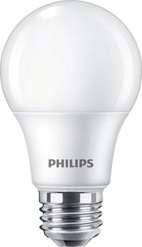 PHILIPS Compact LED Bulb: Medium Screw (E26), LED, (A) Classic, A19, 9 W Watt, 3000K, Frosted (MPN 9A19/CNG/830/FR/P/E26/ND 4/1CT). Key specifications — attr233510: A19; attr233525: 120V AC; attr233549: Frosted; attr518949: 3000K; attr239859: PHILIPS.