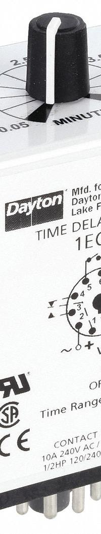 DAYTON Single Function Time Delay Relay: Socket Mounted, 120V AC/DC, 10 A, 11 Pins/Terminals (MPN 1EGC6). Key specifications — Brand: DAYTON.