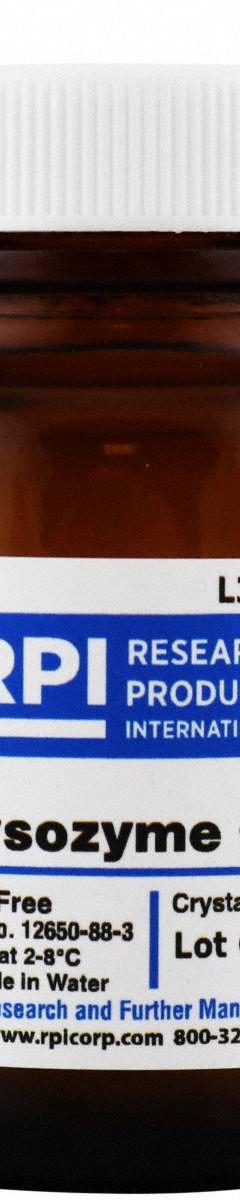RPI Lysozyme from Chicken Egg White: 5 g Volume, Powder, Glass (MPN L38100-5.0). Key specifications — Form: Powder; Brand: RPI; Chemical Grade: Lab; Container Material: Glass.