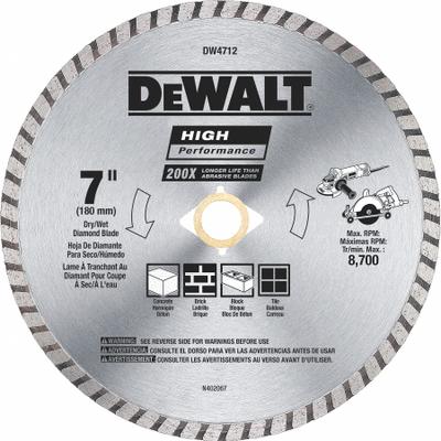 DEWALT Diamond Saw Blade: Masonry, 7 in Blade Dia., 7/8 in Arbor Size, Dry, For Angle Grinder - Concrete & Asphalt-Cutting Blades