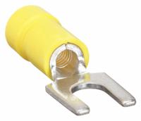 PANDUIT Fork Terminals: Yellow, Vinyl, #10 Stud Size, 14 AWG – 10 AWG Wire Range, Std Fork, 600 V (MPN PV10-10F-L). Key specifications — Barrel Style: Funnel Entry; Manufacturer Part Number: PV10-10F-L; Brand: PANDUIT; Series: CT.
