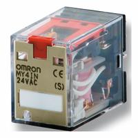 OMRON General Purpose Relays: Socket Mounted, 24V DC, 4PDT, 14 Pins/Terminals, G Socket (MPN MY4IN1-D2 DC24 (S)). Key specifications — Brand: OMRON; Base Type: Square; Contact Rating (AC): 0.80 A @ 250V; Mounting Style: Plug-In; Electrical Connection: Plug-In; Manufacturer Part Number: MY4IN1-D2 DC24 (S); Series: MY Series.