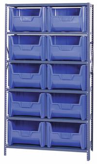 QUANTUM STORAGE SYSTEMS Bin Shelving: 42 in x 18 in x 75 in, 1 Sided, 10 Bins, Open, Blue, 6 Shelves (MPN QSBU-700BL). Key specifications — Includes Bins: Yes; Bin Material: Polypropylene; Frame Color: Gray; Bin HxWxD: (10) 12-7/16 in x 17-1/2 in x 13-5/8 in; Frame Material: Steel; Bin Color: Blue; Bin Style: Hang and Stack; Brand: QUANTUM STORAGE SYSTEMS.