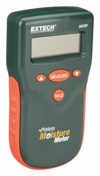 EXTECH Moisture Meter: Digital, LCD, Pinless, Carrying Case, Wood, Flat Pinless, Not Certified (MPN MO280). Key specifications — Display Type: Digital; Probes Included: Flat Pinless; Features: Built-In Material Library; Compatible Material: Wood; Digital Display Screen Type: LCD; Brand: EXTECH.