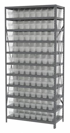 AKRO-MILS Bin Shelving: 36 in x 18 in x 79 in, 1 Sided, 80 Bins, Open, Shelf Bin, Clear, 11 Shelves (MPN AS1879048SC). Key specifications — Includes Bins: Yes; Bin Material: Polymer; Frame Color: Gray; Bin HxWxD: (80) 6 in x 4-1/8 in x 17-7/8 in; Frame Material: Steel; Bin Color: Clear; Bin Style: Shelf; Brand: AKRO-MILS.