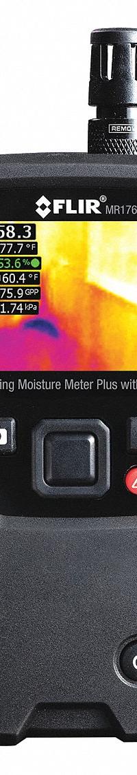 FLIR Moisture Meter: Digital, TFT LCD, Pin/Pinless, Drywall/Plywood, Extended Pin/Flat Pinless (MPN MR176). Key specifications — attr999354: Digital; attr1009284: Extended Pin; attr1009272: Built-In Material Library; attr999347: Plywood; attr999350: TFT LCD; attr999383: ±1.5% (Basic Accuracy MC Pin); attr999345: FLIR.