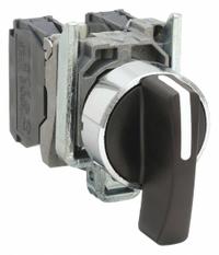 SCHNEIDER Selector Switch: 22 mm Panel Mounting Size, 3 Positions, Extended Lever, 2NO, Metallic (MPN XB4BJ53). Key specifications — AC Contact Rating: 3 A @ 240 V; Action: Momentary/Maintained/Momentary; Cam: No Cam Included; DC Contact Rating: 0.55 A @ 125 V; Hazardous Location Specification: Not Rated; Operator Head Material: Plastic; Operator Head Type: Long-Handled Knob; Operator Illumination: Non-Illuminated.
