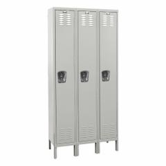 HALLOWELL Locker: 12 in x 12 in x 78 in, Louvered, 1 Tiers, 3 Units Wide, Combo/Padlock, Gray, Steel (MPN U3228-1PL). Key specifications — Brand: HALLOWELL; Locker Color: Gray; Lock Type: Combination/Padlock; Door Type: Louvered; Locker Material: Steel; Assembled: Unassembled; Number Plate Included: Yes.