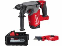 MILWAUKEE Rotary Hammer, Battery and Utility Knife: Pistol-Grip, SDS-Plus, 2 1/2 in max, 6 Ah (MPN 2912-20, 48-11-1865, 48-22-1505). Key specifications — attr113796: MILWAUKEE; attr113808: 0 bpm to 4,800 bpm; attr113803: Yes; attr113838: Hammer Only; attr113809: Yes; attr113815: (1) Battery; attr113804: 6 Ah.