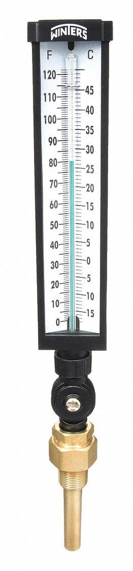 WINTERS Industrial Glass Thermometer: 0°F to 120°F /-15°C to 50°C - Lead-Free Adjustable-Angle Thermometer with Thermowell