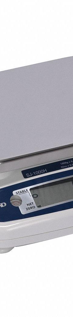 A&D WEIGHING Food Scale: 7 1/2 in Weighing Surface Dp, 9 in Weighing Surface Wd, 4 1/4 in Overall Ht (MPN SJ-20KHS). Key specifications — Readability: 0.01 kg/0.02 lb; Brand: A&D WEIGHING; IP Rating: Not IP Rated.