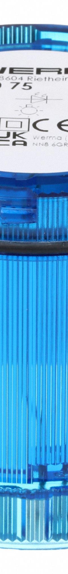 WERMA Tower Light Module: Steady, 24V AC/24V DC, Blue, 70 mm Overall Dia, 66 mm Overall Ht, 64450075. Key specifications — Brand: WERMA; Compatible with Series: KombiSIGN 71; Lens Color: Blue; Operating Voltage: 24V AC; Manufacturer Part Number: 64450075.