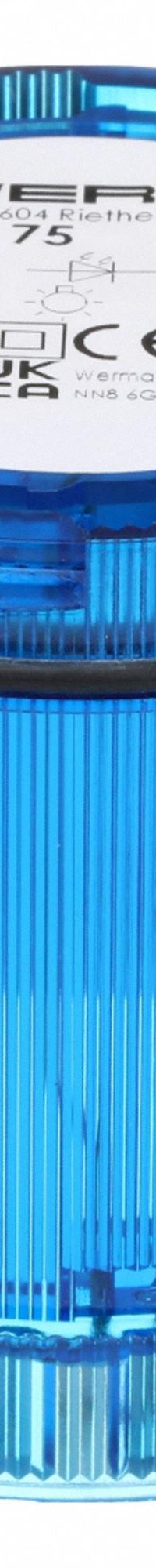 WERMA Tower Light Module: Steady, 24V AC/24V DC, Blue, 70 mm Overall Dia, 66 mm Overall Ht, 64450075. Key specifications — Brand: WERMA; Compatible with Series: KombiSIGN 71; Lens Color: Blue; Operating Voltage: 24V AC; Manufacturer Part Number: 64450075.