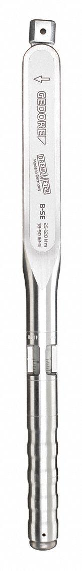 GEDORE Micrometer Torque Wrench: Foot-Pound, Newton Meter, 9mm x 12mm Drive Size, 19 in Overall Lg (MPN 8481-01). Key specifications — attr310211: 9mm x 12mm; attr310212: 18 ft-lb to 90 ft-lb; attr310215: Yes; attr324953: GEDORE.