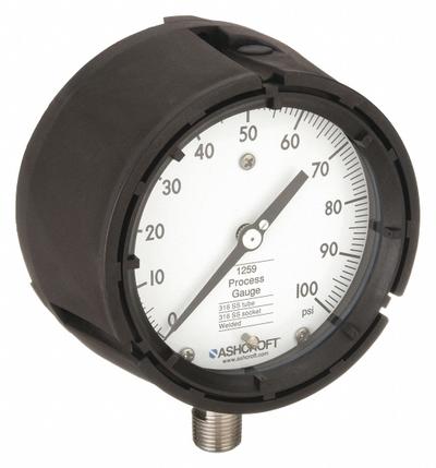 ASHCROFT Process Pressure Gauge: 0 psi to 100 psi, White, 4 1/2 in Dial, 1/2 in NPT Male - All-Stainless Steel Wetted Parts & Casing