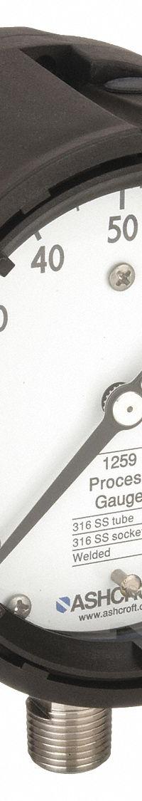 ASHCROFT Process Pressure Gauge: 0 psi to 100 psi, White, 4 1/2 in Dial, 1/2 in NPT Male, Bottom (MPN 451259SD04L100#). Key specifications — Brand: ASHCROFT; Pointer Color: Black; Accuracy: ±0.5%; Dial Color: White; Gauge Wetted Parts: Stainless Steel; Case Material: PBT; Vibration Resistance Properties: None; Pressure Range: 0 psi to 100 psi.