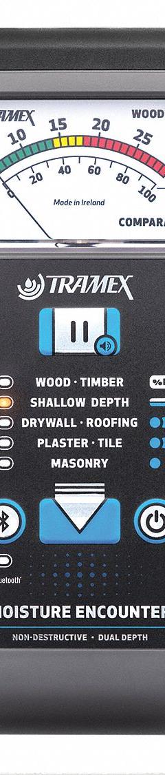TRAMEX Moisture Meter: Analog, Pinless, ±0.1% Moisture Content Accuracy, Drywall/Plaster/Wood (MPN ME5). Key specifications — Display Type: Analog; Features: Bluetooth Compatible; Compatible Material: Drywall; Moisture Content Accuracy: ±0.1%; Brand: TRAMEX.