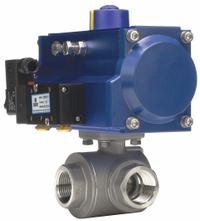 DYNAQUIP CONTROLS Pneumatically Actuated Three-Way Ball Valve: 1 in, Stainless Steel, Double-Acting (MPN PYSA5AJDA075A). Key specifications — Brand: DYNAQUIP CONTROLS; Included Pilot Solenoid: 115V AC Pilot Solenoid; Pilot Solenoid Voltage: 115V AC.