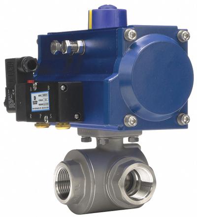 DYNAQUIP CONTROLS Pneumatically Actuated Three-Way Ball Valve: 1 in, Stainless Steel - L-Port Stainless Steel Pneumatically-Actuated Ball Valves