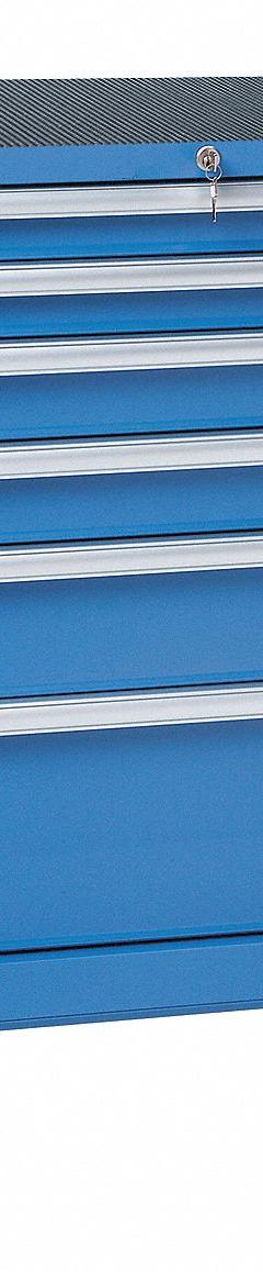 LISTA Modular Drawer Cabinet: 28 1/4 in x 22 1/2 in x 43 1/4 in, 6 Drawers, Tubular, Adj Dividers (MPN ST07-0602a-MBKABB). Key specifications — Cabinet Color: Bright Blue; Base Type: Casters; Drawer Inside Height: (2) 3 in; Drawer HxWxD: (2) 3 in x 24 in x 18 in; Work Surface Material: Rubber Mat; Drawer Handle Type: Tubular; Cabinet Material: Steel; Cabinet Style: Drawer.