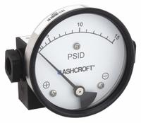 ASHCROFT Differential Pressure Gauge: In-Line, 1/4 in NPT Female, 1130, 3 1/2 in Dial, Aluminum (MPN 351130FD25SXCYLM15PSID). Key specifications — Sensor Type: Diaphragm; Series: 1130; Housing Material: Aluminum; Certificate of Calibration: Not Included.