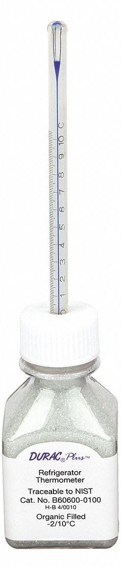 DURAC PLUS Bottle Thermometer: -2°C to 10°C, +/-0.4°C, 60 mL Bottle Volume, Glass Beads (MPN B60600-0100). Key specifications — Bottle Fill Medium: Glass Beads; Temperature Units: Celsius; Accuracy: +/-0.4°C; Brand: DURAC PLUS.