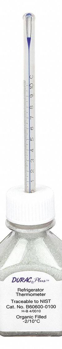 DURAC PLUS Bottle Thermometer: -2°C to 10°C, +/-0.4°C, 60 mL Bottle Volume, Glass Beads (MPN B60600-0100). Key specifications — Bottle Fill Medium: Glass Beads; Temperature Units: Celsius; Accuracy: +/-0.4°C; Brand: DURAC PLUS.