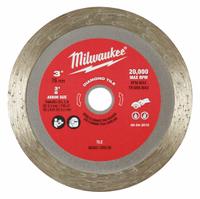MILWAUKEE Diamond Saw Blade: Ceramic/Porcelain/Tile, 3 in Blade Dia., 3/8 in Arbor Size, Wet/Dry (MPN 49-94-3010). Key specifications — attr1097734: Wet/Dry; attr1097738: Masonry Saw; attr1097751: MILWAUKEE.