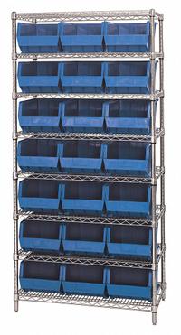 QUANTUM STORAGE SYSTEMS Bin Shelving: 36 in x 18 in x 74 in, 1 Sided, 21 Bins, Open, Blue, 8 Shelves (MPN WR8-255BL). Key specifications — Includes Bins: Yes; Bin Material: Polypropylene; Frame Color: Silver; Bin HxWxD: (21) 8 in x 11 in x 16 in; Frame Material: Steel; Bin Color: Blue; Bin Style: Hang and Stack; Brand: QUANTUM STORAGE SYSTEMS.
