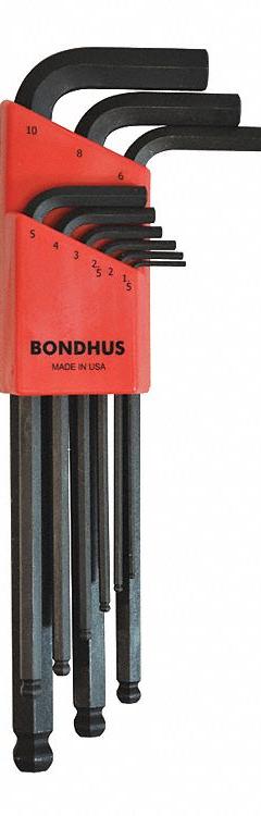BONDHUS Hex Key Set: 6 - 10 Pieces, L, Metric, Single Ball End, Long, 9 Pieces, Black Oxide, 1 Tips (MPN 10999). Key specifications — attr1205553: Not Tether Capable; attr1205554: BONDHUS; attr1205568: Black Oxide; attr1293176: 6 - 10 Pieces.