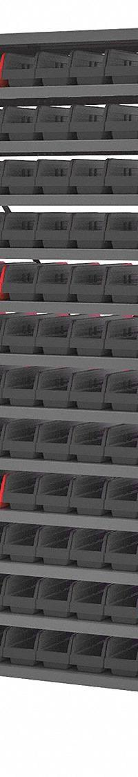 AKRO-MILS Bin Shelving: 36 in x 18 in x 79 in, 1 Sided, 96 Bins, Open, Indicator Bin, Black/Red (MPN AS187936448BK). Key specifications — Includes Bins: Yes; Bin Material: Polymer; Frame Color: Gray; Bin HxWxD: (96) 4 in x 4-1/8 in x 17-7/8 in; Frame Material: Steel; Bin Color: Black; Red; Brand: AKRO-MILS.