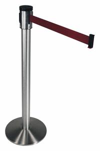 VISIONTRON Barrier Post with Belt: Maroon, No Pattern, No Legend, 15 ft Belt Lg, Silver (MPN 320SASS-MN). Key specifications — Base Material: Cast Iron; Belt Color: Maroon; Brand: VISIONTRON; Post Material: Aluminum; Post Color: Silver; Message: No Legend.