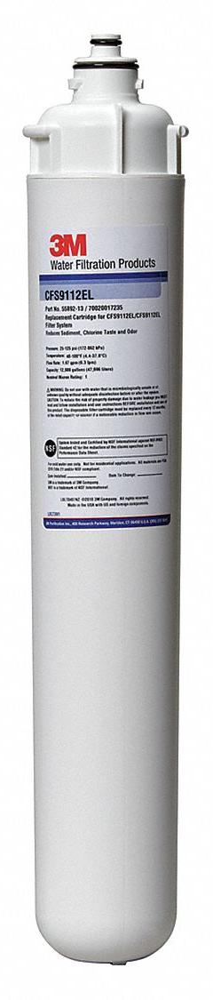 3M WATER FILTRATION PRODUCTS Quick-Connect Water Filter: 1 micron, 1.7 gpm, 12,600 gal (MPN CFS9112-EL). Key specifications — Filter Media: Activated Carbon; Reduces: Sediment; Brand: 3M WATER FILTRATION PRODUCTS.