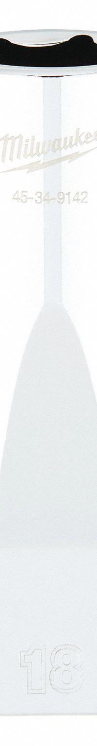 MILWAUKEE Deep Well Socket: Metric, 1/2 in Drive Size, 18 mm Socket Size, 6-Point, Deep, Chrome (MPN 45-34-9142). Key specifications — attr1204417: MILWAUKEE; attr1204392: Chrome.