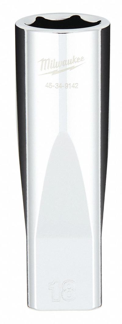 MILWAUKEE Deep Well Socket: Metric, 1/2 in Drive Size, 18 mm Socket Size, 6-Point - Anti-Roll Hand Sockets