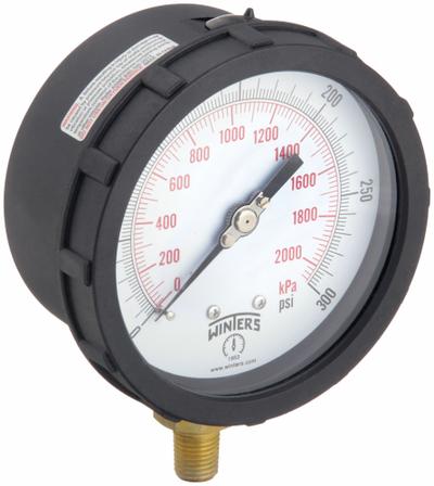 WINTERS Industrial Pressure Gauge: Black, 0 psi 300 psi, 4 in Dial, 1/4 in NPT Male - Dial Pressure Gauges with Color-Coded Cases