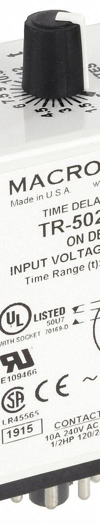 MACROMATIC Single Function Time Delay Relay: Socket Mounted, 24V AC/DC, 10 A, 8 Pins/Terminals (MPN TR-50228-14). Key specifications — Brand: MACROMATIC.