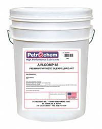 PETROCHEM Compressor Oil: 5 gal, Pail, 20 SAE Grade, 68 ISO Viscosity Grade, 99 Viscosity Index (MPN AIR-COMP 68-005). Key specifications — attr59744: 99; attr59746: 68; attr59736: No; attr59735: Pail; attr59738: Air-Comp Series; attr59749: 20.